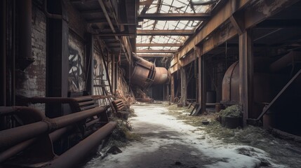 Wall Mural - Illustration of abandoned rusty factory with copy space. Industrial indoor background. AI generative image.