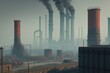 Illustration of industrial plant with polluted air. Smokey polluted atmosphere from emissions from plants and factories. (Generative AI)