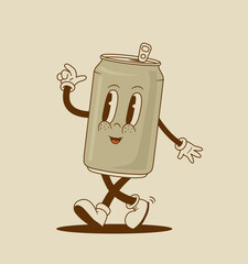 Wall Mural - Cartoon retro 70s soda metal can cartoon character. Vintage funny mascot bottle beverage vector illustration.