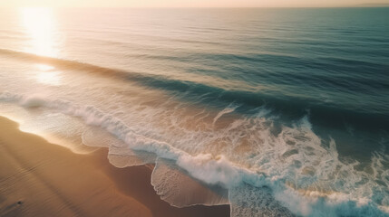 Wall Mural - Aerial view of a wild beach at sunset Generative AI