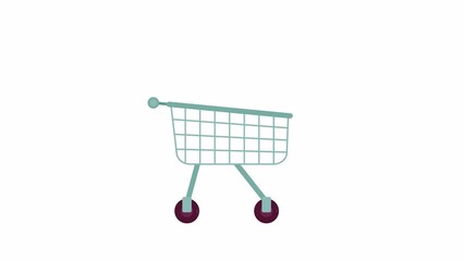 Poster - Animated rolling shopping cart. Flat cartoon style icon 4K video footage for web design. Moving grocery trolley isolated colorful object animation on white background transparency
