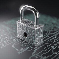 Poster - padlock with a keyhole is used to secure data at the circuit's convergence point. Privacy of cyber data and information. generative AI