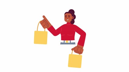 Poster - Animated happy shopper holding bags. Young woman after Black Friday animation. Isolated 2D cartoon flat character 4K video footage on white background with alpha channel transparency for web design