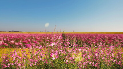 Wall Mural -  wild field with pink flowers at sunny day nature landscape,generated ai