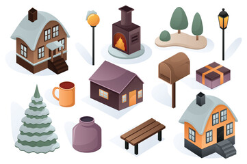 Winter city elements set. A flat, cartoon-designed set of winter city elements, including snowflakes, trees, and houses, all with a wintery color palette. Vector illustration.