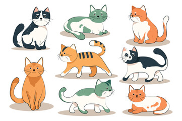  Cartoon cats set. A flat, cartoon-style design set featuring various adorable cats in different poses and activities. Vector illustration.
