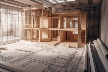 Aufkleber - Architecture 3D and blueprints representation, generative ai