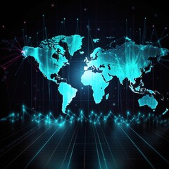Poster - World economic concept with a perspective view on a digital graphic world map with financial graphs on all continents. generative AI