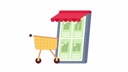 Poster - Start e commerce business animation. Animated shopping cart near phone 2D cartoon flat object. Fashion application 4K video concept footage on white with alpha channel transparency for web design