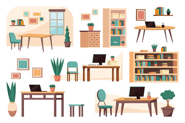 Poster - Office furniture background set. This illustration is a set of flat, cartoon-designed office furniture. Vector illustration.