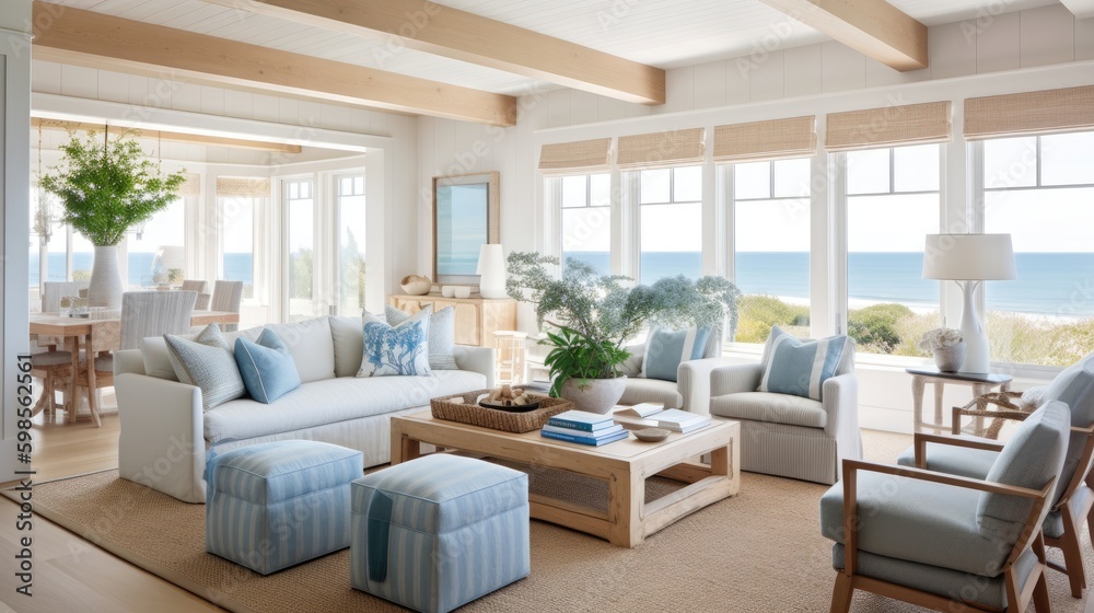 A coastal - inspired living room with a blue and white color scheme ...