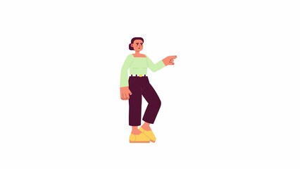 Poster - Animated woman tapping side. Lady in casual clothes touching, gesturing isolated 2D cartoon flat character animation. 4K video footage, white background for web design