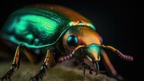 Fototapeta Konie -  A dynamic close - up of a green June beetle, with bold colors and dramatic lighting. generative ai