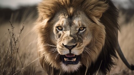 Wall Mural - a fierce close - up of a lion, with a sense of power and intensity against a muted savannah landscap