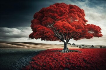 Canvas Print - Fallen crimson tree standing alone in the field Generative AI Generative AI