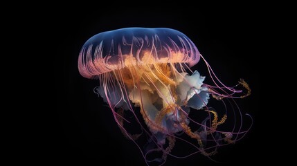 Poster -  A mesmerizing image of a jellyfish, with ethereal colors and translucent tentacles against a dark ocean backdrop. generative ai