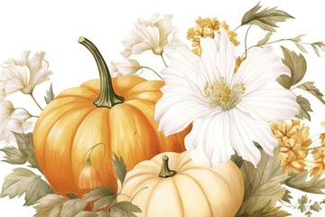 Poster - flowers and pumpkins painted on a white background. Generative AI Generative AI