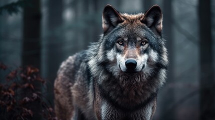 Wall Mural - a powerful image of a wolf, with piercing eyes and a sense of wildness against a misty forest backdr
