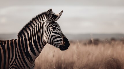 Wall Mural - a powerful portrait of a zebra, with bold stripes and a sense of strength against a muted savannah l