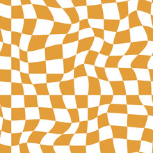 Wavy Checkered Seamless Pattern In Yellow And White. Optical Illusion Wrapped Background In Retro Style Of 60s And 70s. 
