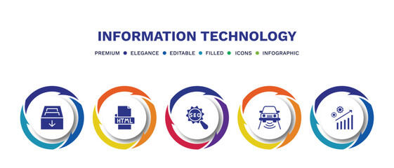 set of information technology filled icons. information technology filled icons with infographic template. flat icons such as archive, html, seo configuration, smart car, seo growth vector.