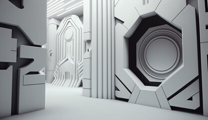 Poster - white futuristic background abstract. room 3d rendering of space city sci fi texture. generative ai.