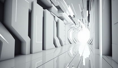 Poster - white futuristic background abstract. room 3d rendering of space city sci fi generative ai with copy
