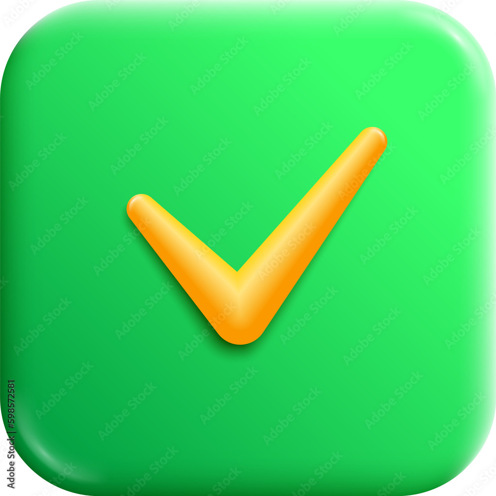 Accept tick check mark 3d render button. Green gradient app icon on ...