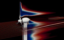 CFD Simulation Of A 3D Model Wind Turbine. Pressure Gradient And Velocity Streamlines.  Side View Of The Blades And Motor