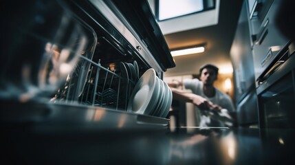 Canvas Print - A man in a kitchen with a bunch of plates. AI generative image.