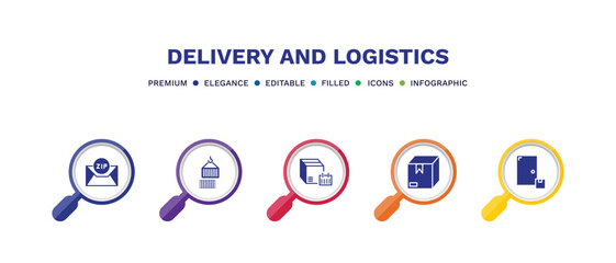 set of delivery and logistics filled icons. delivery and logistics filled icons with infographic tem