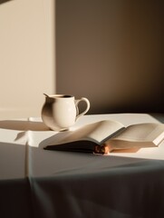 Wall Mural - A cup of coffee and an open book on a table. AI generative image.