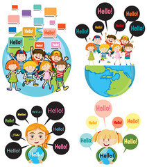 Wall Mural - hello greeting with cartoon characters set