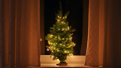 Aufkleber - small christmas tree with lights on windowsill in apartment holiday spirit indoors Generative AI