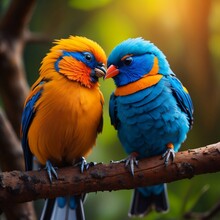 Birds Kissing Each Other, Cute And Colorful Birds, Kissing On A Tree Branch. Romantic And Dramatic Feeling, Beautiful Light. Generative AI.