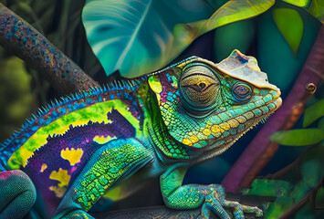 Colorful chameleon, exotic wild lizard or reptile. Generative AI