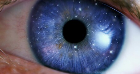 vfx transition: camera moving through extreme close-up of eye into animation of beautiful universe i