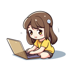 Cute little girl working and studying using laptop cartoon flat character vector illustration