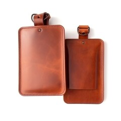 Wall Mural -  Leather passport holder and luggage tag set isolated on a white background, generative ai