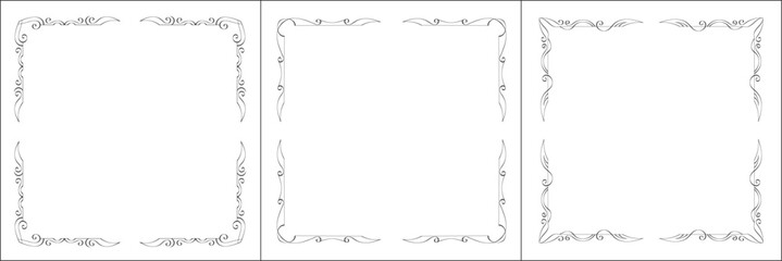 Set of three vector frames. Elegant black and white monochrome ornamental border for greeting cards, banners, invitations. Vector frame for all sizes and formats. Isolated vector illustration.	