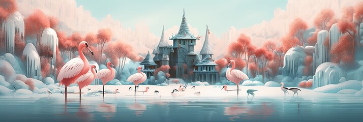 Wall Mural - Flamingo whimsical design. Tropical background. Funny flamingo illustration.