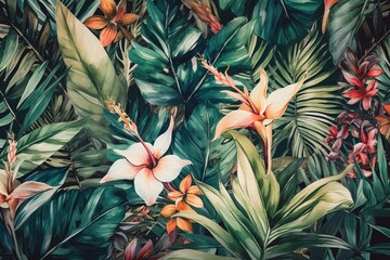  Watercolor tropical pattern with exotic flora and botanical wallpaper. Generative AI