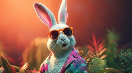 Fashion bunny wearing sunglasses on tropical background. Elegant style background. Rabbit costume. Trendy style. Happy easter.