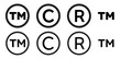 Set of registered trademark and copyright symbols in black color. Black circle vector tm, c, and r sign symbols on transparent background. 