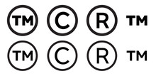 Set Of Registered Trademark And Copyright Symbols In Black Color. Black Circle Vector Tm, C, And R Sign Symbols On Transparent Background. 