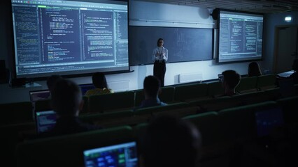 Poster - Young Female Lecturer Giving a Web Development Masterclass to Diverse Multiethnic Group of Students in Dark College Room. Projecting Slideshow with Professional Programming Code Language