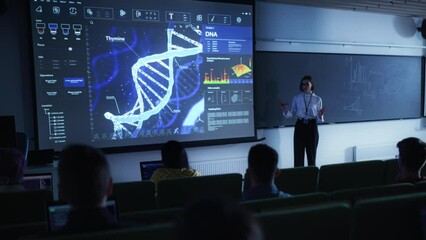 Leinwandbilder - Diverse Multicultural Students Studying in University Room, Listening to a Young Female Professor Explaining DNA Structure Families. DNA Sequencing Methods Education in College