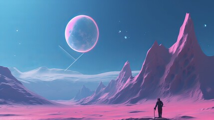 Wall Mural - an intrepid explorer on the surface of a distant planet with 3 moons and mountains in the distance, 