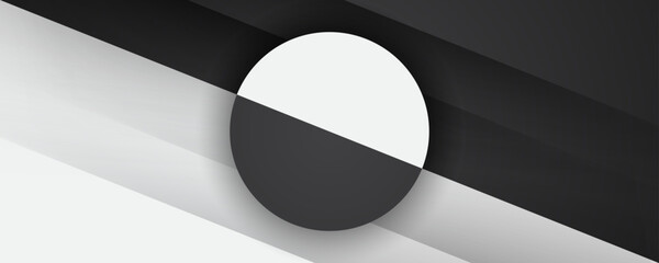 Wall Mural - 3D black white geometric abstract background overlap layer on bright space with circle effects decoration. Graphic design element cutout style concept for banner, flyer, card, or brochure cover