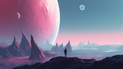 Wall Mural - an intrepid explorer on the surface of a distant planet with 3 moons and mountains in the distance, pink blue white, person in the mountains, sunset in the mountains, Generative AI